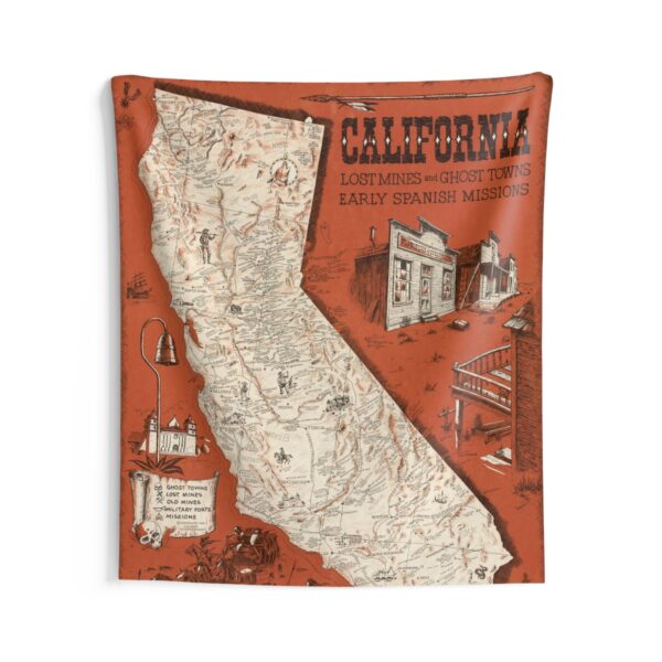 California Vintage Map Wall Tapestry — Retro State Map & Landmarks Decor